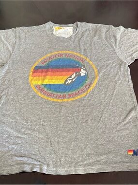 Aviator Nation Gray Tee with Red Orange Yellow Blue Stripes